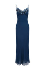 Load image into Gallery viewer, Chic Sheath Spaghetti Straps Navy Blue Long Party Dress with Flowers