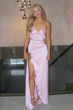 Load image into Gallery viewer, Stylish Sheath Spaghetti Straps Pink Satin Long Prom Dress with Split Front
