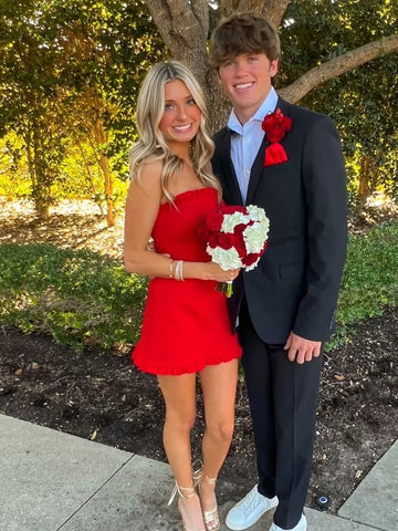 Stylish Sheath Strapless Red Satin Short Homecoming Dress with Ruffles