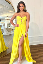 Load image into Gallery viewer, Stylish Sheath Sweetheart Long Pleated Satin Prom Dress with Slit