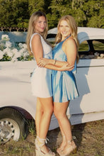 Load image into Gallery viewer, Stylish Sheath V Neck Light Blue Short Party Dress with Lace