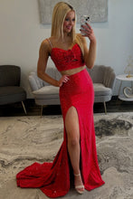 Load image into Gallery viewer, Stylish Two Piece Spaghetti Straps Red Long Prom Dress with Beading