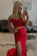 Load image into Gallery viewer, Stylish Two Piece Spaghetti Straps Red Long Prom Dress with Beading