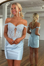Load image into Gallery viewer, Stylish Bodycon Off the Shoulder Blue Corset Homecoming Dress with Appliques