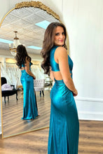 Load image into Gallery viewer, Stylish Peacock Blue Mermaid V-Neck Cutout Waist Long Metallic Prom Dress