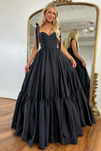 Load image into Gallery viewer, Cute Black A-Line Satin Tie Straps Long Prom Dress