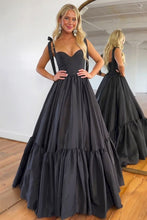 Load image into Gallery viewer, Cute Black A-Line Satin Tie Straps Long Prom Dress