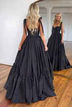 Load image into Gallery viewer, Cute Black A-Line Satin Tie Straps Long Prom Dress