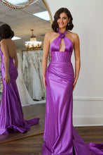 Load image into Gallery viewer, Sweet Mermaid Halter Neck Backless Long Satin Prom Dress