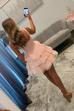 Load image into Gallery viewer, New Arrival A Line Square Neck Light Blue Floral Printed Short Homecoming Dress with Pearls
