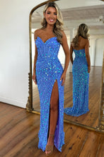 Load image into Gallery viewer, Sparkly Mermaid Sweetheart Gold Long Prom Dress with Split Front