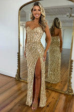 Load image into Gallery viewer, Sparkly Mermaid Sweetheart Gold Long Prom Dress with Split Front