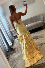 Load image into Gallery viewer, Fashionable Mermaid Sweetheart Yellow Corset Prom Dress with Ruffles