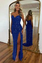 Load image into Gallery viewer, Sparkly Mermaid Sweetheart Gold Long Prom Dress with Split Front