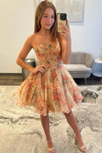 Load image into Gallery viewer, Sweety A Line Strapless Nude Floral Printed Corset Homecoming Dress with Ruffles