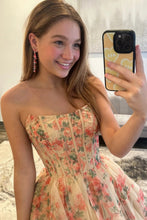 Load image into Gallery viewer, Sweety A Line Strapless Nude Floral Printed Corset Homecoming Dress with Ruffles