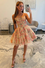 Load image into Gallery viewer, Sweety A Line Strapless Nude Floral Printed Corset Homecoming Dress with Ruffles