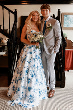Load image into Gallery viewer, Sweety A Line Sweetheart Blue Floral Printed Long Prom Dress with Ruffles