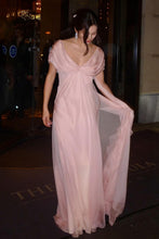 Load image into Gallery viewer, Elegant A Line V Neck Pink Chiffon Long Prom Dress with Ruffles