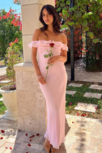Load image into Gallery viewer, Sweety Sheath Off the Shoulder Pink Long Prom Dress with Ruffles