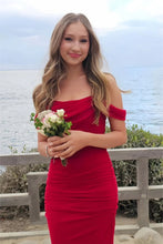 Load image into Gallery viewer, Trendy Sheath Off the Shoulder Red Tea Length Party Dress with Ruched