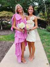 Load image into Gallery viewer, Touching A Line Spaghetti Straps Pink High Low Homecoming Dress with Bowknot
