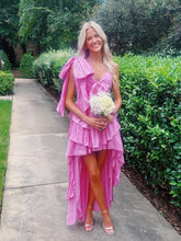 Load image into Gallery viewer, Touching A Line Spaghetti Straps Pink High Low Homecoming Dress with Bowknot
