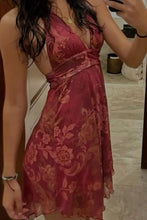 Load image into Gallery viewer, Trendy A Line Halter Neck Dark Red Printed Homecoming Dress with Ruffles