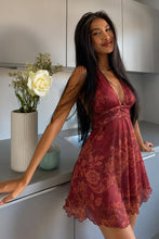 Load image into Gallery viewer, Trendy A Line Halter Neck Dark Red Printed Homecoming Dress with Ruffles