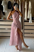 Load image into Gallery viewer, Trendy A Line Halter Neck Pink Long Prom Dress with Ruffles