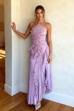 Load image into Gallery viewer, Trendy A Line Halter Neck Pink Long Prom Dress with Ruffles