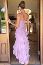 Load image into Gallery viewer, Trendy A Line Halter Neck Pink Long Prom Dress with Ruffles