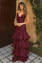 Load image into Gallery viewer, Trendy A Line Spaghetti Straps Burgundy Long Prom Dress with Ruffles