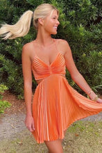 Load image into Gallery viewer, Trendy A Line Spaghetti Straps Orange Short Homecoming Dress with Open Back