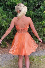 Load image into Gallery viewer, Trendy A Line Spaghetti Straps Orange Short Homecoming Dress with Open Back