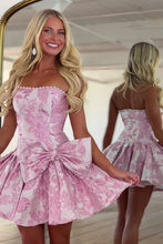 Load image into Gallery viewer, Trendy A Line Strapless Pink Short Homecoming Dress with Pearls Bowknot