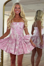 Load image into Gallery viewer, Trendy A Line Strapless Pink Short Homecoming Dress with Pearls Bowknot