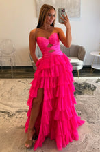 Load image into Gallery viewer, Trendy A Line Sweetheart Hot Pink Long Prom Dress with Keyhole Ruffles