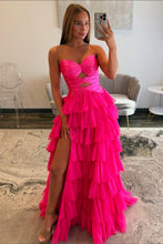 Load image into Gallery viewer, Trendy A Line Sweetheart Hot Pink Long Prom Dress with Keyhole Ruffles