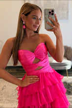 Load image into Gallery viewer, Trendy A Line Sweetheart Hot Pink Long Prom Dress with Keyhole Ruffles