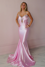 Load image into Gallery viewer, Trendy Mermaid Spaghetti Straps Keyhole Pink Long Prom Dress with Beading