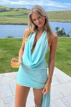 Load image into Gallery viewer, Trendy Sheath Halter Neck Light Blue Short Homecoming Dress with Backless
