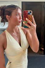 Load image into Gallery viewer, Trendy Sheath Halter Neck Yellow Long Prom Dress with Criss Cross Back