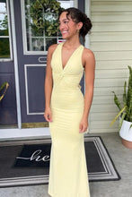 Load image into Gallery viewer, Trendy Sheath Halter Neck Yellow Long Prom Dress with Criss Cross Back