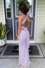 Load image into Gallery viewer, Trendy Sheath Halter Neck Yellow Long Prom Dress with Criss Cross Back