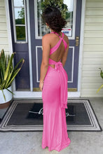Load image into Gallery viewer, Trendy Sheath Halter Neck Yellow Long Prom Dress with Criss Cross Back