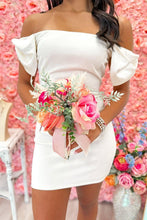 Load image into Gallery viewer, Trendy Sheath Off the Shoulder White Short Homecoming Dress with Bowknot