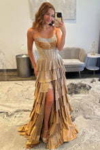 Load image into Gallery viewer, Chic A Line Strapless Champagne Corset Prom Dress with Beading Ruched