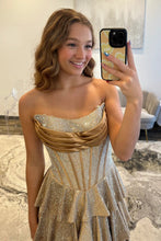 Load image into Gallery viewer, Chic A Line Strapless Champagne Corset Prom Dress with Beading Ruched