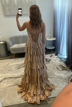 Load image into Gallery viewer, Chic A Line Strapless Champagne Corset Prom Dress with Beading Ruched